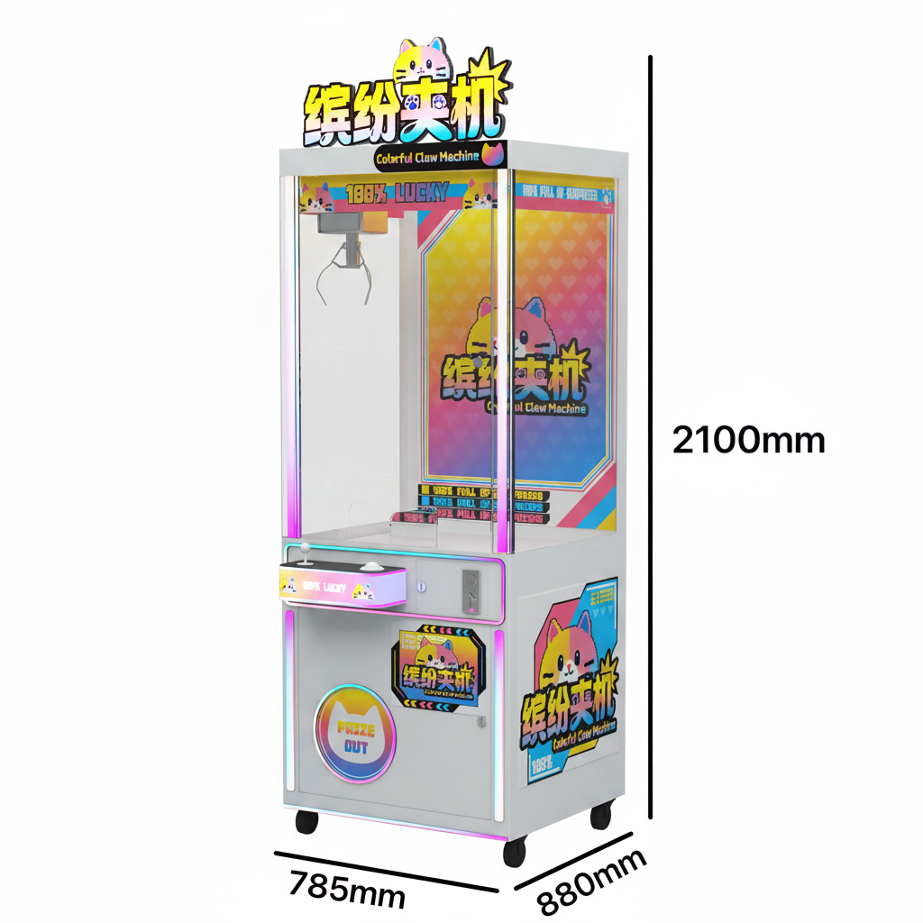 Colorful Claw Machine with Dimensions - Pure White Background